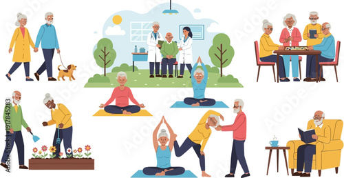 Vector Ilustration Flat Design Active Seniors Enjoying Diverse Hobbies and Activities Together.