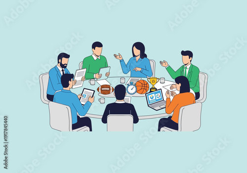 Vector Ilustration Flat Design Business Meeting Around Oval Table with Trophies.