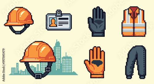 Retro pixel art construction safety gear collection with urban background