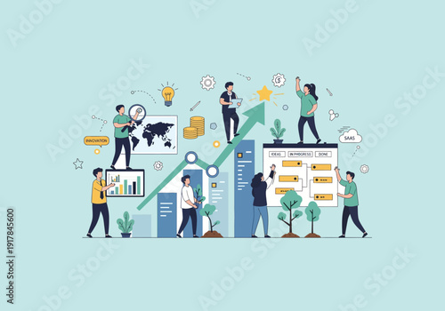 Vector Ilustration Flat Design Business Growth Strategy Teamwork Success Concept Illustration.
