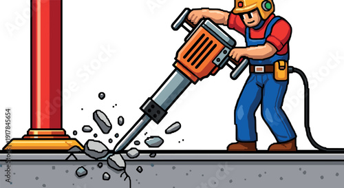 Construction worker using jackhammer breaking pavement in pixel art style