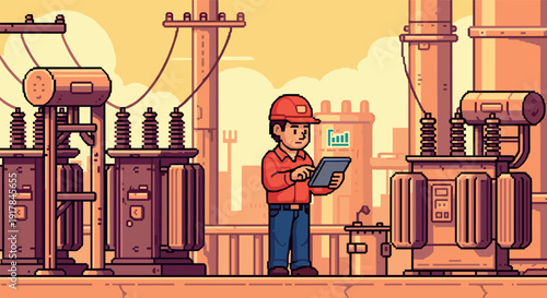 Retro pixel art of engineer managing electrical substation with tablet