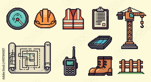 Construction icons in retro pixel art: helmets, cranes, boots, and more