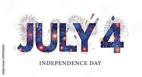 July 4th Independence Day celebration text with fireworks, patriotic holiday vector graphic