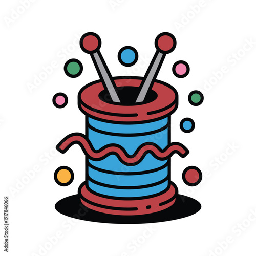 A spool of thread with knitting needles and colorful dots.