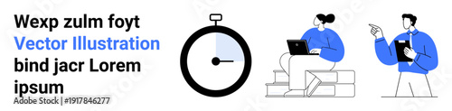 Productivity, time tracking, workplace collaboration, project management, teamwork, efficiency. Stopwatch, person with laptop and discussion visuals. Productivity and time tracking concept