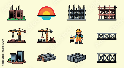 Retro pixel construction icons featuring buildings, cranes, and worker in vintage style