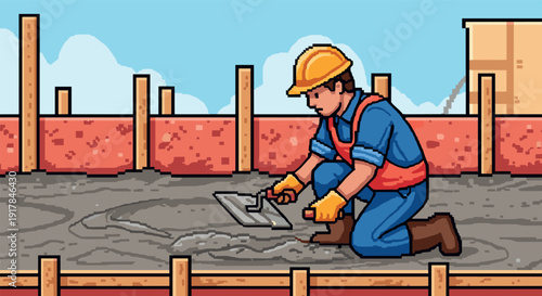 Construction worker smoothing cement on building site in retro pixel art style
