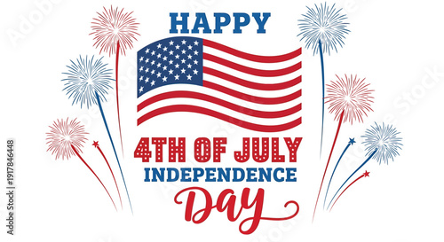 American Independence Day greeting with fireworks and USA flag, 4th of July celebration design element.
