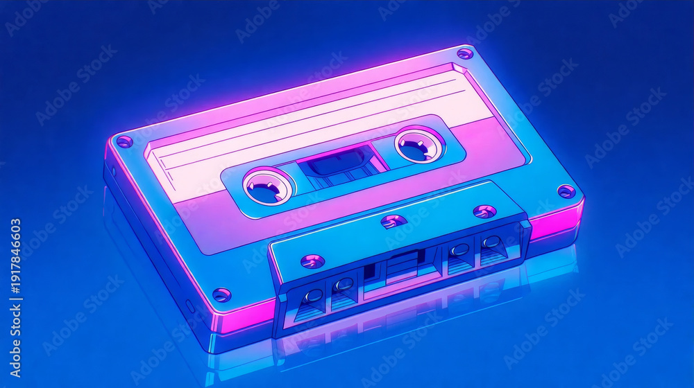 Naklejka premium Neon glowing cassette tape with retro futuristic design