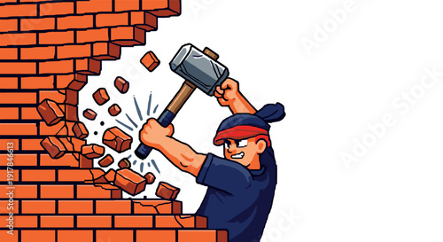 Retro style worker breaking brick wall with hammer