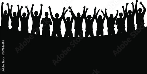 Crowd silhouette with raised hands cheering and celebrating, group of people at concert or sports event isolated on white background (20 words)
