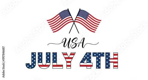 Patriotic USA July 4th celebration vector graphic with American flags.