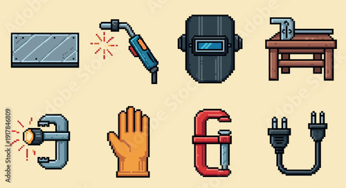 Pixel art icons of welding tools and equipment for retro digital design