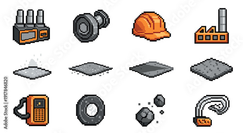 Pixel art industrial icons set: factory, helmet, machinery, and tools collection