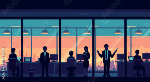 Team collaboration in modern office at sunset