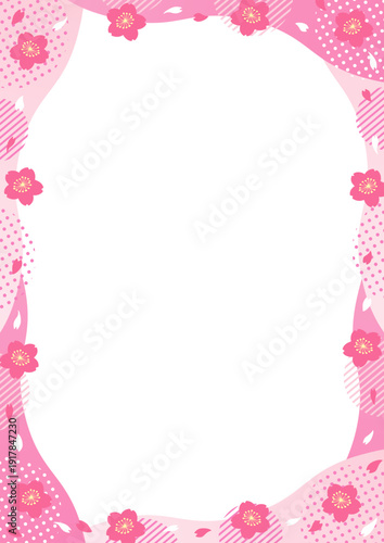 桜とドットやストライプの丸い幾何学模様の縦型のフレーム_ピンク