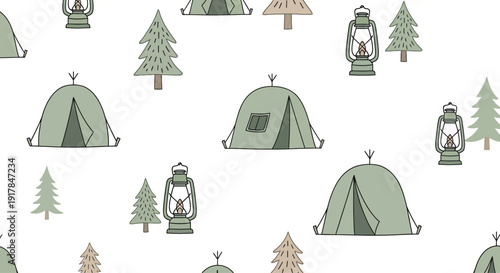 Cozy camping scene with tents and lanterns on transparent background vector