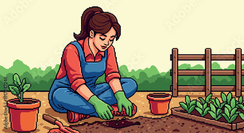 Gardener planting in colorful pixel art garden scene with fresh vegetables