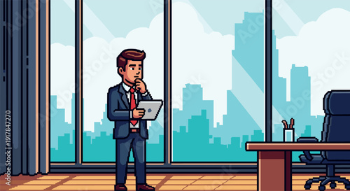 Businessman in modern office with city skyline background in pixel art style