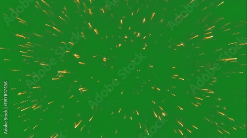 Brilliant bright golden orange firework explosion effect bursting outward rapidly across a vibrant solid green screen background, representing celebration, abstract