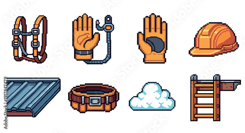 Pixel art construction tools and safety gear icons set
