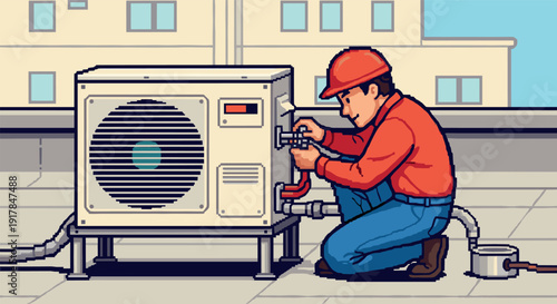 Technician repairing air conditioning unit on rooftop in pixel art style