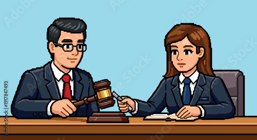 Pixel art business meeting: male and female lawyers at work