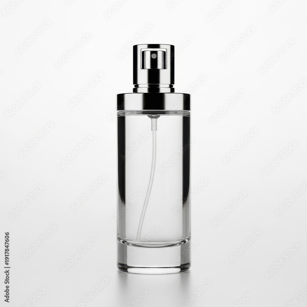 Fototapeta premium A clear perfume bottle with a silver cap on a white background