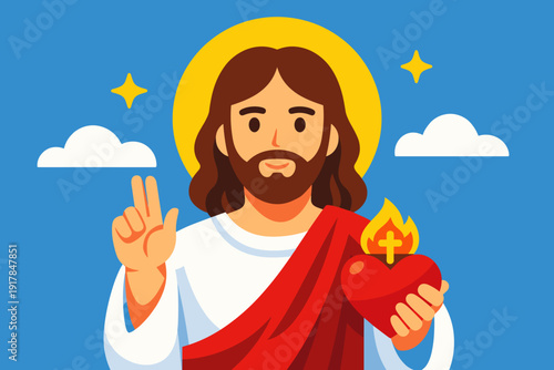 Divine Mercy Jesus with Sacred Heart – Catholic Religious Icon, Jesus Blessing with Flaming Heart and Cross
