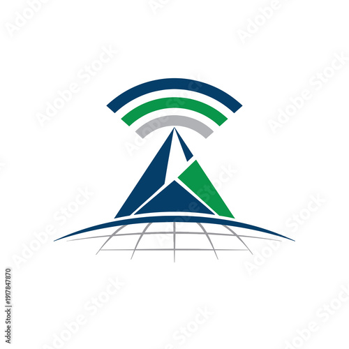 Abstract mountain and wireless signal logo design over globe grid, representing global communication, technology, connectivity and network coverage concept.