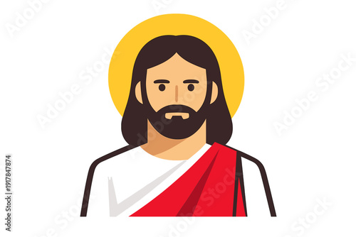 Flat vector illustration of Jesus Christ portrait with halo, traditional Christian religious symbol isolated on white background, spiritual faith icon design.