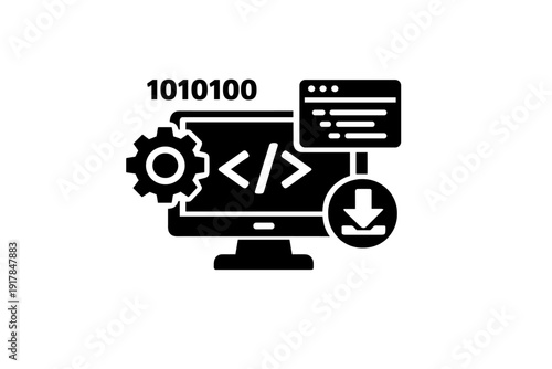 Programming and software development icon with monitor, code symbols, gear, binary numbers and download sign, representing coding, system setup and IT process.