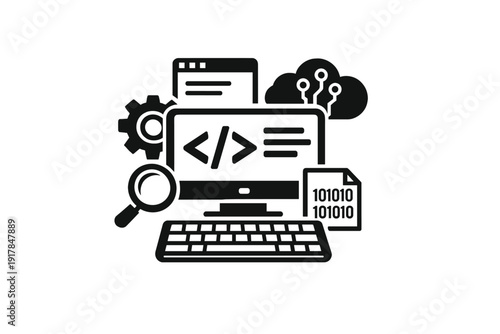 Software development and coding concept icon with computer monitor, code symbols, magnifier, gear and cloud, representing programming, debugging and IT technology.