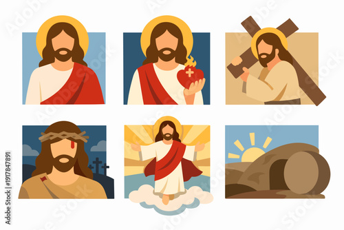Jesus Christ Life and Passion Scenes – Set of 6 Christian Religious Icons, Easter and Holy Week Illustrations