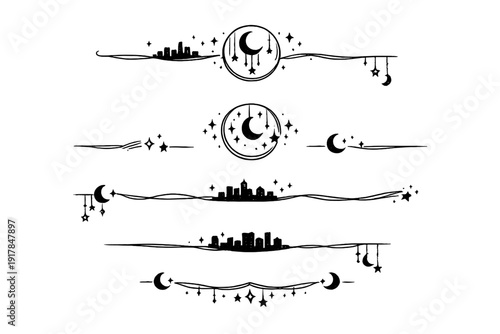 Set of minimal celestial divider elements with crescent moon, stars and skyline silhouettes. Black line decorative borders isolated on light background.