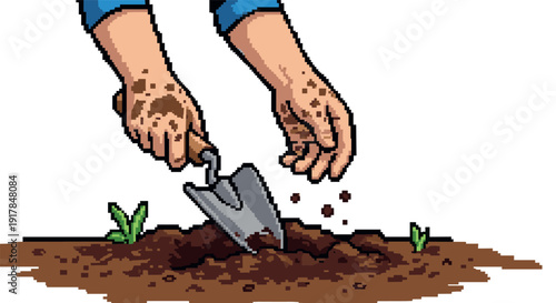 Pixel art gardening: hands planting seeds in soil with trowel and sprouting plants