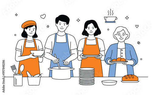 Warm community service scene with volunteers serving food in a soup kitchen, vector illustration symbolising humanitarian work, charity, social assistance, compassion, and professional creative or 