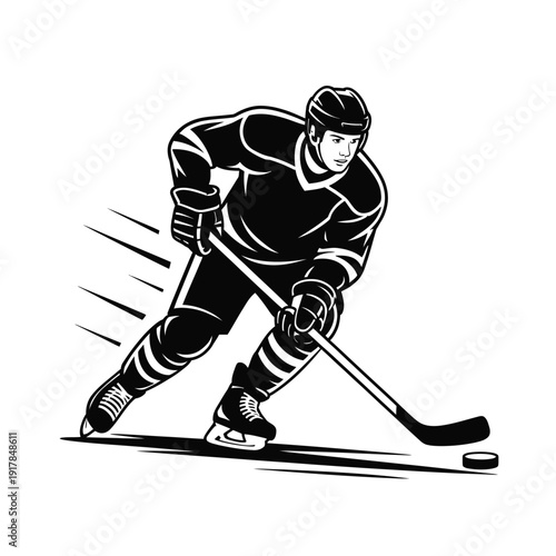 A hockey player skates across the ice with speed and skill.
