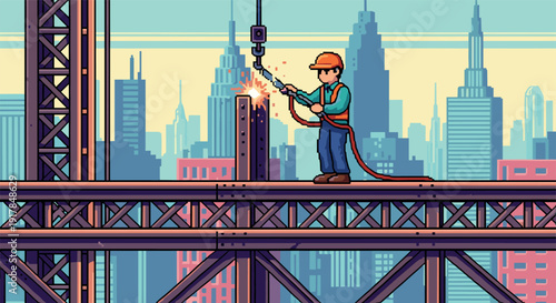 Pixel art construction worker welding on city highrise with urban skyline
