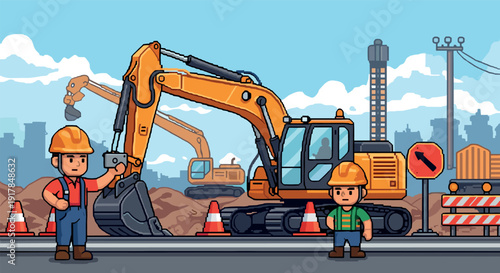 Cartoon construction scene with workers and heavy machinery in a cityscape