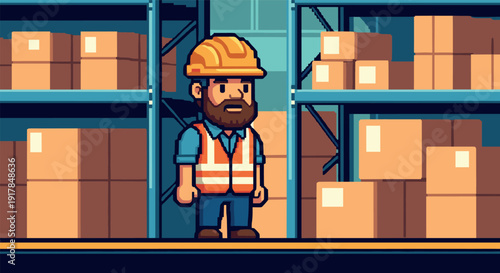 Pixel art warehouse worker in uniform with safety gear amidst stacked cardboard boxes