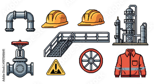 Industrial equipment icons set in pixel art style for manufacturing and safety