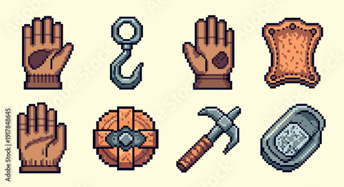 Pixel art mining icons set featuring tools and gloves