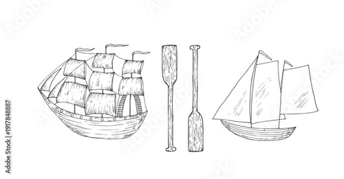 Vector set of wind sail boats and wood paddles. Hand painted linear fishing ship illustration. Graphic monochrome sketch isolated on background. For designers, prints, logo, icon, menu, postcards