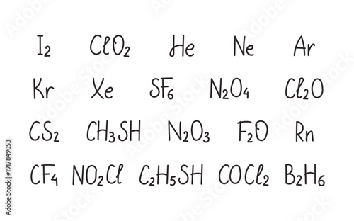 Chemistry gas formula set featuring iodine chlorine dioxide helium neon argon krypton xenon sulfur hexafluoride nitrogen oxides compounds elements