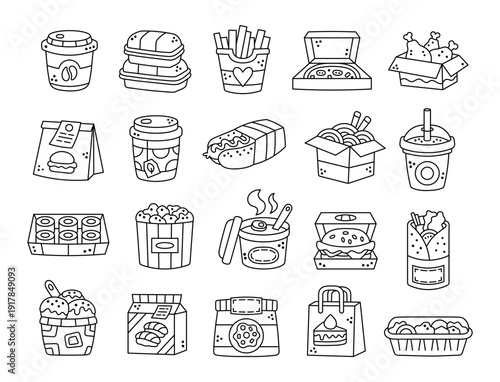 Takeaway food set in outline line art showing tea, container burger, pizza, fries, sushi, coffee, dessert, salad, snack, meal, packaging box
