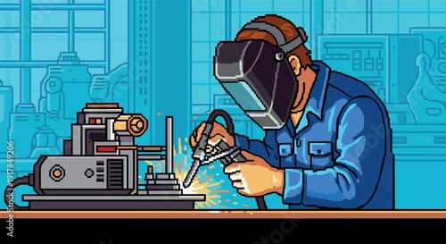 Retro pixel art welding scene with welder in workshop environment
