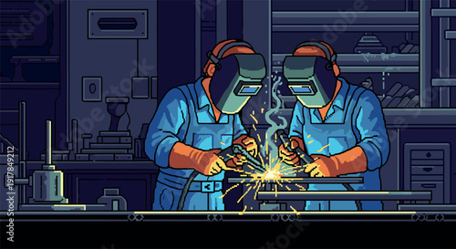Retro pixel art of two welders working in a workshop