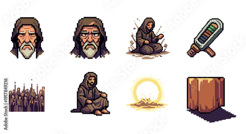 Pixel art monk and mystical elements collection in vintage game style